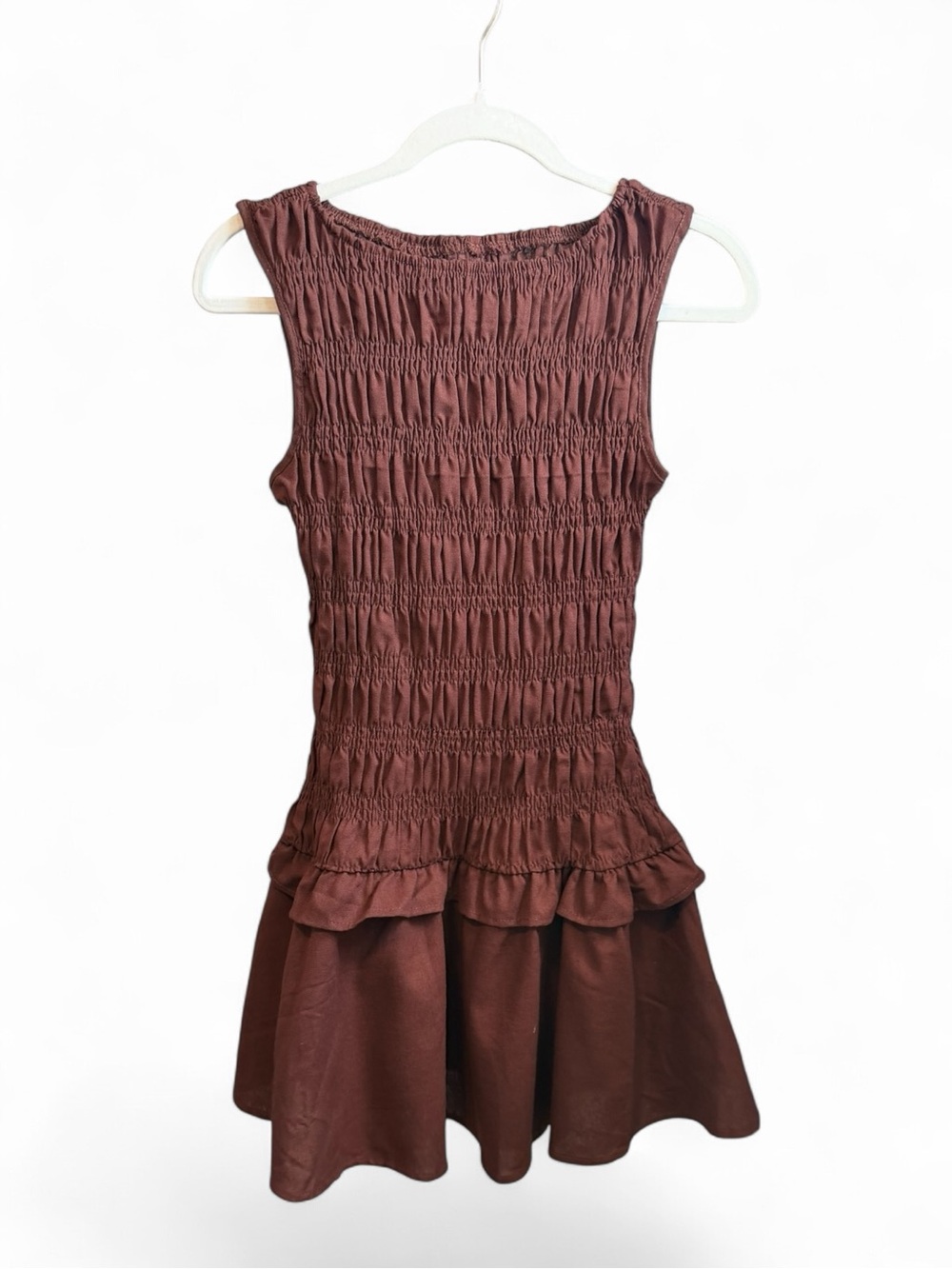 Brown Smocked Sleeveless Midi Dress
